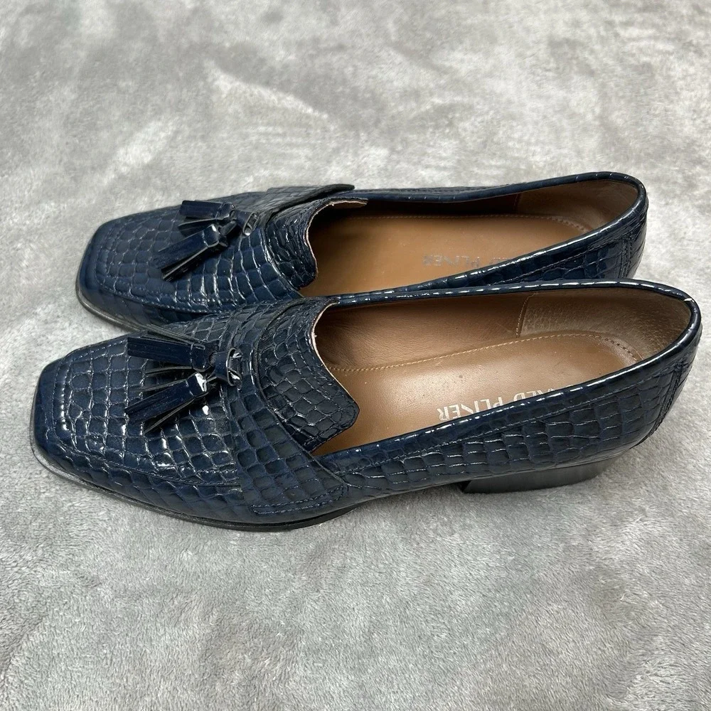 Donald Pliner Avi Croc Embossed Patent Leather Navy Tasseled Shoes Women's 9M